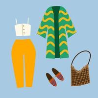 en uppsättning boho-outfits och olika boho-element. moderiktiga kläder, väska, topp, byxor, jacka, skor. vektor illustration i platt stil