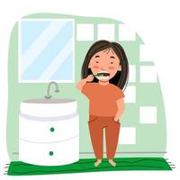 asiatisk tjej med långt hår i pyjamas som borstar tänderna i badrummet. vektor