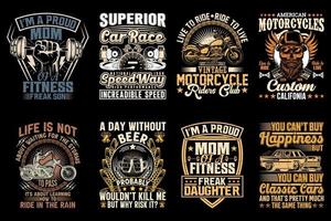 vintage trendiges t-shirt-design-bündel, klassisches auto, motorrad, bier, fitness-t-shirts, vektorelement vektor