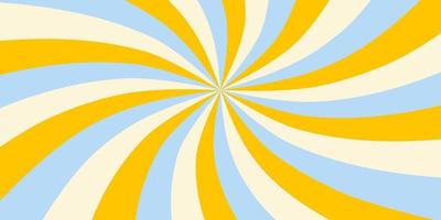 horizontaler Retro-Hintergrund mit Sonnendurchbruch in einer Spirale oder einem gewirbelten, radial gestreiften Design. blaue, gelbe und beige Farben. trendige vektorillustration im stil der 70er, 80er jahre vektor