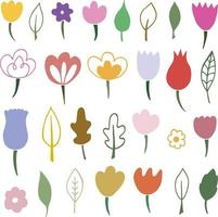 samling av doodle blommor och löv. för att skapa digitalt papper, klistermärken, färger vektor