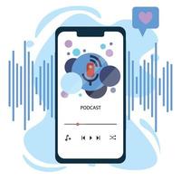 podcast i telefon med intressant bakgrund i blått tema. vektor