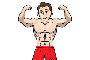 Bodybuilder starker und muskulöser Mann, der isoliert auf weißem Hintergrund steht, Vektor-Fitnessstudio, glücklicher Kerl, Gewichtsverlust Cartoon, Gewichtheben, Powerlifting, Bodybuilding.