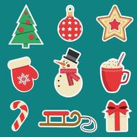 Weihnachtsaufkleber. weihnachtsbaum, ball, stern, handschuh, schneemann, tasse heiße schokolade, zuckerstange, schlitten, geschenkbox. Grafikdesign. vektor