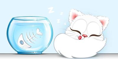 Die weiße Katze schläft nach dem Fressen eines Fisches aus dem Aquarium und schläft wohlgenährt
