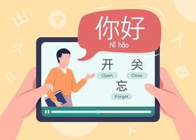 Studieren Sie Mandarin-Chinesisch online 2D-Vektorillustration. lektion für anfänger flache erste ansicht hand auf karikaturhintergrund. lernen sie eine bunte editierbare szene für handy, website, präsentation vektor