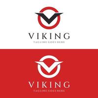 viking warrior hjälm logotyp med behornad hjälm och viking med bokstaven v. logotypen kan användas för båtar, sporter och annat. vektor