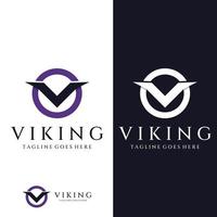 viking warrior hjälm logotyp med behornad hjälm och viking med bokstaven v. logotypen kan användas för båtar, sporter och annat. vektor