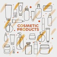 Reihe von kosmetischen Produkten für Haut und Haar. kosmetische gläser, tuben und flaschen, gekritzel vektor