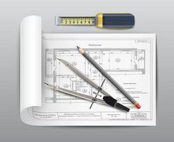 3d realistisches Vektordesign-Projektsymbol mit Papierrolle, Messwerkzeug, Bleistift und Lineal. vektor
