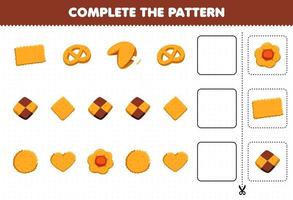 utbildningsspel för barn slutför mönstret logiskt tänkande hitta regelbundenhet och fortsätt raduppgiften med mat och snacks kakor vektor