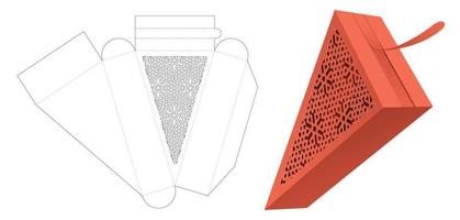 Dreieckige Verpackung mit oberem Reißverschluss und gestanzter Schablone mit Schablonenmuster und 3D-Modell vektor