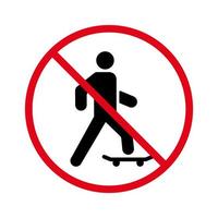 ingen tillåten man skateboard skylt. skater röd stopp cirkel symbol. förbjud skateboard i offentlig stad svart siluett ikon. förbjud extremt aktivt piktogram. skridskoåkning förbjuda. isolerade vektor illustration.