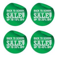 Back to School Green Sale Aufkleber bis zu 15, 25, 35, 45 Prozent Rabatt vektor