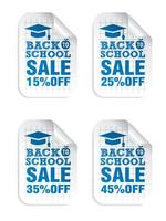 Back to School Sale weiße Aufkleber mit blauem Text 15, 25, 35, 45 Prozent Rabatt vektor