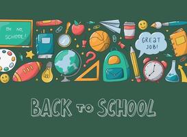 schulbanner mit schriftzitat "back to school" und buntem rand von gekritzeln. gut für vorlagen, poster, drucke, einladungen, karten, schilder usw. eps 10 vektor