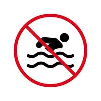 Warnzeichen Verbot Schwimmzone schwarze Silhouette Symbol. vorsicht verbieten gefahr schwimmbereich strand piktogramm. kein erlaubter Tiefwassertauchgang rotes Stoppkreissymbol. Schwimmzone verbieten. isolierte vektorillustration. vektor