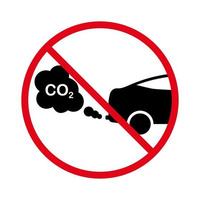 Verbotenes Automotor-Gas-Piktogramm. Verbotenes Autoabgas-Co2-Verbot schwarze Silhouettensymbol. fahrzeug rohr rauch rot stopp kreis symbol. kein Zeichen für zulässige Emissionsverschmutzung. isolierte Vektorillustration. vektor