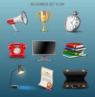 3D realistischer Vektor-Icon-Geschäftssatz. Computer, Bücher, Aktentasche, Telefon, Lampe, Uhr, Trophäe. vektor