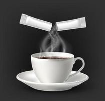 3D realistisches Vektorsymbol. weiße Kaffeetasse mit Zuckerstange. isoliert auf dunklem Hintergrund.