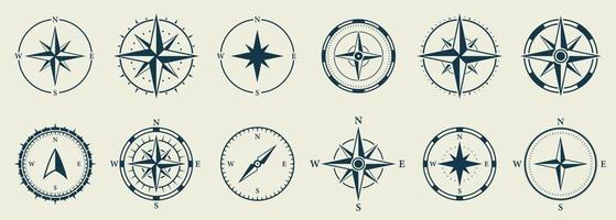 Windrose-Silhouette-Icon-Set. Kompass nautischer Navigator Kartographie Glyphen-Piktogramm. Rosenwind-Navigator-Symbol. abenteuer richtung nach norden südwesten osten zeichen. isolierte Vektorillustration vektor