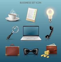 3D realistischer Vektor-Icon-Geschäftssatz. computer, telefon, lupe, brieftasche, krawatte, aktentasche, kaffee, idee.