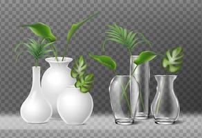 3D-realistisches Symbol. isoliert. Blumenvasen aus Glas und Porzellan mit Pflanzen im Inneren. vektor