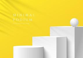 abstrakter 3d-gelber raum, realistische schritte, weißer würfel und zylinderständerpodium mit palmblattschattenüberlagerung. minimale szene für die mockup-produktanzeige. Vektorgeometrische Formen. runde Bühnenvitrine.
