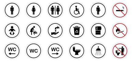 toalett rum siluett ikon. uppsättning wc tecken. badrum, toalett piktogram. offentligt tvättrum för funktionshindrade, män, kvinnor, transpersoner. mamma och bebis rum. ingen rökning tecken. vektor illustration.