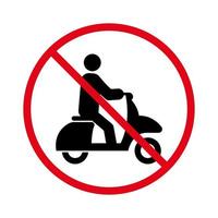 förbjuden mopedvägskylt. skoter förbud svart siluett ikon. förbjudet snabbskoter-piktogram. person på motorcykel röd stoppsymbol. ingen tillåten mototransport. isolerade vektor illustration.