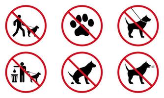 Verbot Hund schwarze Silhouette Icon-Set. Piktogramm für den Eingang von Haustieren verbieten. parkzone rotes stoppsymbol. kein erlaubtes tiertoilettenschild. Hund verboten. sauber nach hundekot. isolierte vektorillustration. vektor