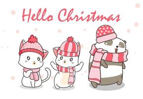 Hallo Weihnachten mit Katzen und Pandas in Winterkleidung vektor