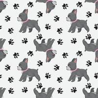 Nahtloses Muster mit französischer Bulldogge und Pfotenabdrücken. für Textilien, Packpapier, Verpackungen, Hintergründe. vektor
