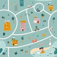 sömlösa mönster söt stadskarta med hus och bil. stadsdesign. barntryck. vektor illustrationer