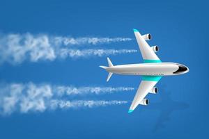 die Silhouette eines fliegenden Flugzeugs, isoliert im blauen Himmel, die Form eines Flugzeugs mit einer Vektorillustration eines Kondensstreifens. vektor