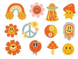 psykedelisk retro klistermärke. tecknad abstrakt groovy komiska roliga emoji karaktärer. vektor illustration set.