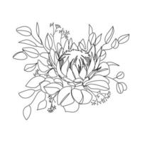 blumenstrauß mit protea-blumen, eukalyptus und blättern linie kunstvektorillustration isoliert auf weißem hintergrund. schwarz-weiß-zeichnung von protea für hochzeitsdekoration und modedruck. botanische skizze vektor