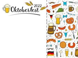 oktoberfest 2022 - bierfest. handgezeichnete Doodle-Elemente. deutscher traditioneller feiertag. schwarzer Schriftzug mit Bierkrug, Ähren und Farbmuster. vektor