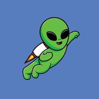 niedlicher alien, der mit raketenkarikaturvektor-symbolillustration fliegt. flaches karikaturkonzept der wissenschaftstechnologie vektor