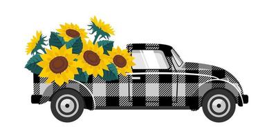 Kariertes Auto mit Sonnenblumen. Lieferung von Sonnenblumen. vektor