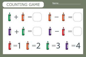 zählspiel mit schulmaterial, markern. vorschularbeitsblatt, kinderaktivitätsblatt, druckbares arbeitsblatt vektor