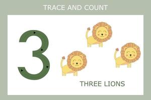 kalkylblad nummer tre med lejon för barn med finmotorik. pedagogiskt spel för förskolebarn. vektor