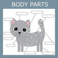 Schreibe die Körperteile der Katze auf. Lernspiel für Kinder. vektor
