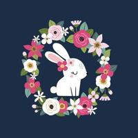 söt vit kanin med vintage blommor vektor