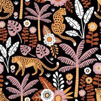 handritade sömlösa mönster med leoparder, palmer och exotiska växter på svart bakgrund. vektor