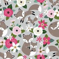 seamless mönster med söt handritad fox familj och blommor på lifgt grå bakgrund. perfekt för textil-, tapet- eller tryckdesign. vektor