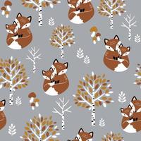 nahtloses muster mit handgezeichneter fuchsfamilie, niedlichem babyfuchs und bäumen. waldkindergartenillustration. perfekt für Textil-, Tapeten- oder Druckdesign. vektor