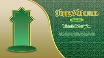 Happy Muharram islamische neue Banner-Vorlage mit Moscheentor und 3D-Podium-Display-Produkt, isoliert auf islamischem Musterhintergrund. vektor