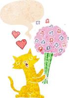 Cartoon-Katze verliebt in Blumen und Sprechblase im strukturierten Retro-Stil vektor