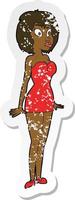 Retro-Distressed-Sticker einer überraschten Cartoon-Frau im kurzen Kleid vektor